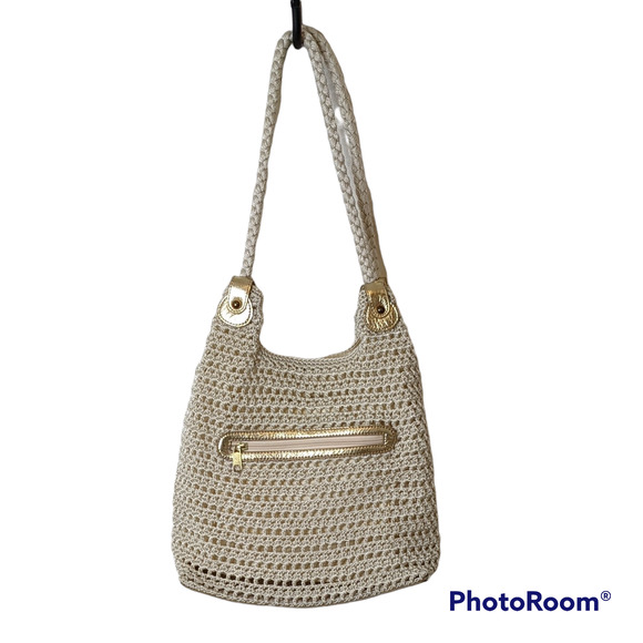 Luxy Ivory and Gold Crocheted Hobo Bag - Picture 1 of 7